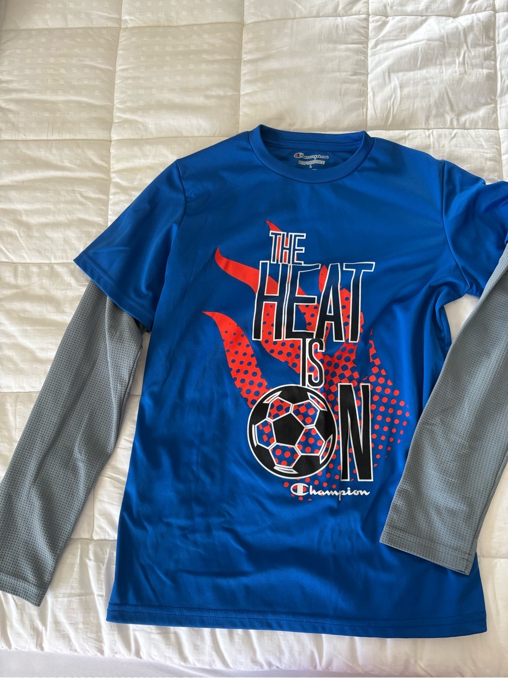 Champion Blue Long-Sleeve Layered Soccer Tee with Red Graphic
